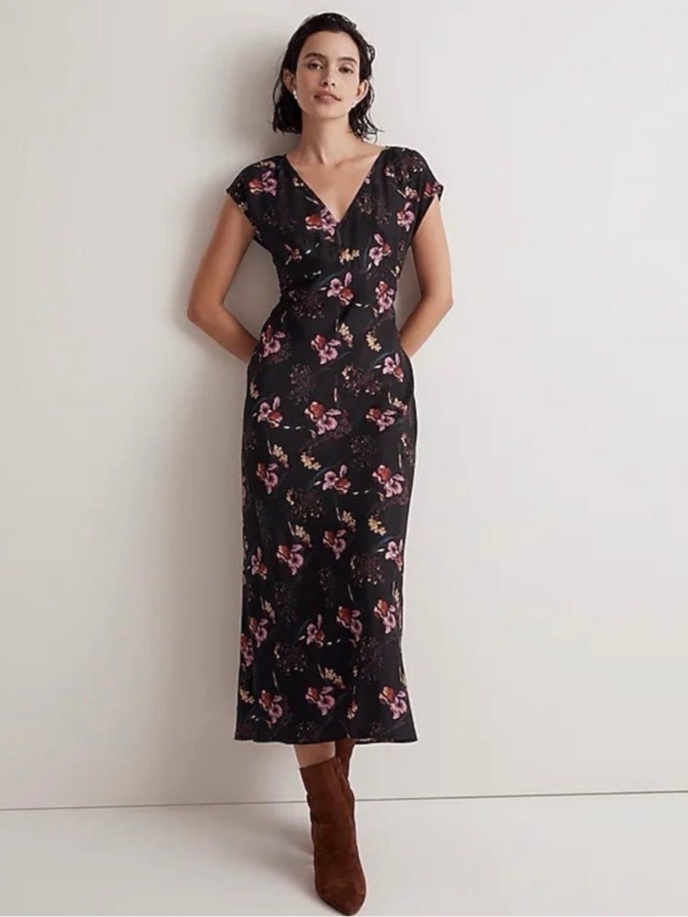 Madewell Black Midi Dress deep v-neck with Pink Floral Print EUC Sz 8